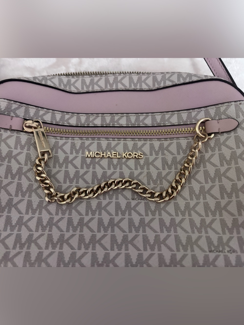 Michael Kors Pink Trim Signature Logo Shoulder Bag with Gold Chain